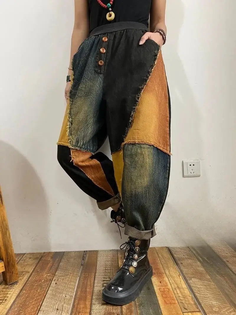 New Personalized Breasted Frayed Color Block Denim Harem Pants Loose Slimming Women