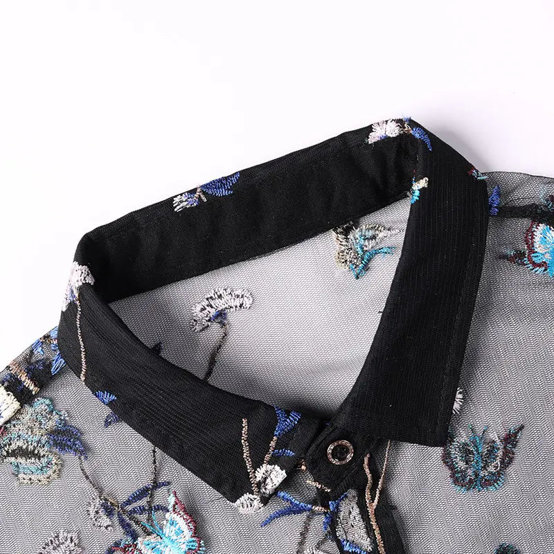 Men’s Short-sleeved Floral Thin Hollow Non-iron Ice Silk Shirt
