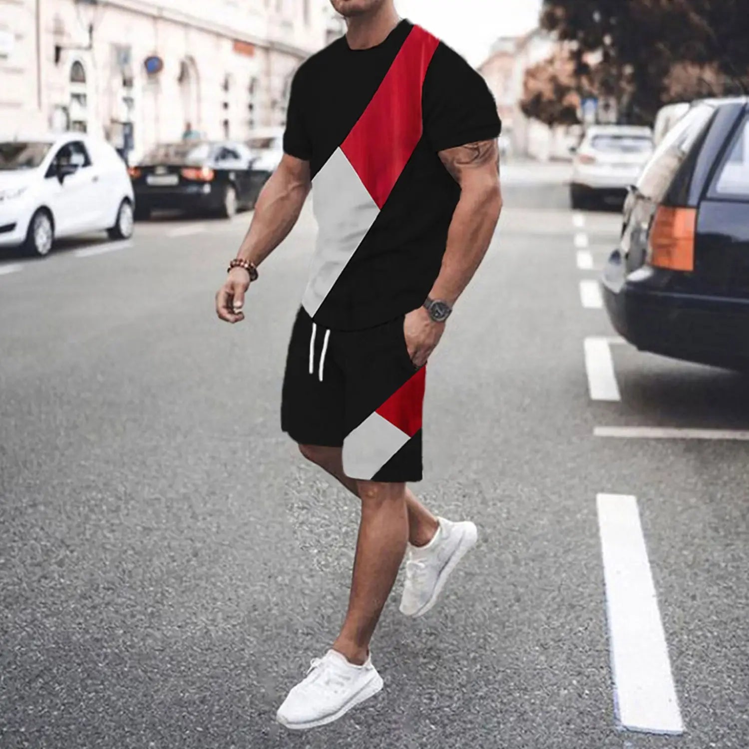 Men’s Fashion Short Sleeve Shorts Set Splicing Set