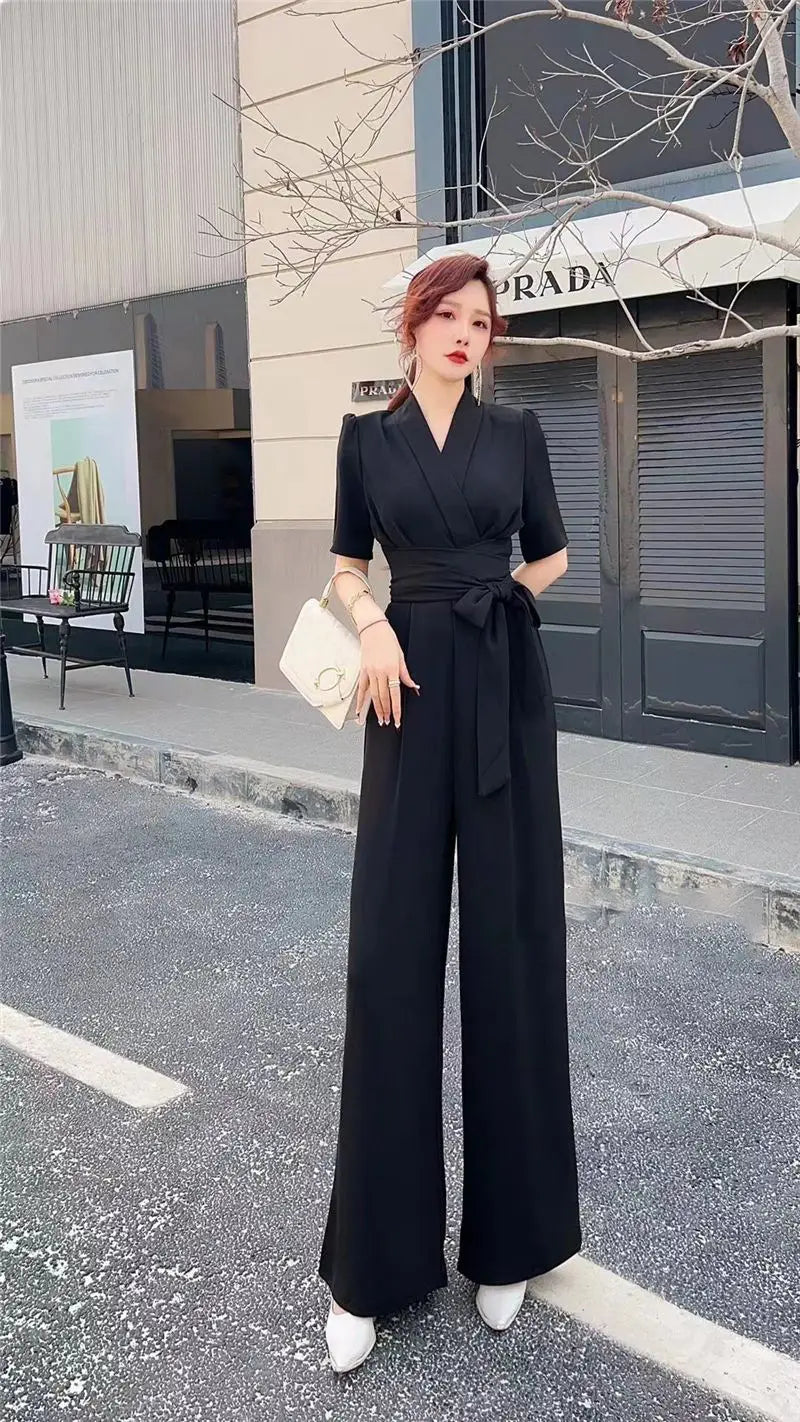 Elegant Temperament Pure Color High Waist Slimming Lace-up Wide Leg Jumpsuit