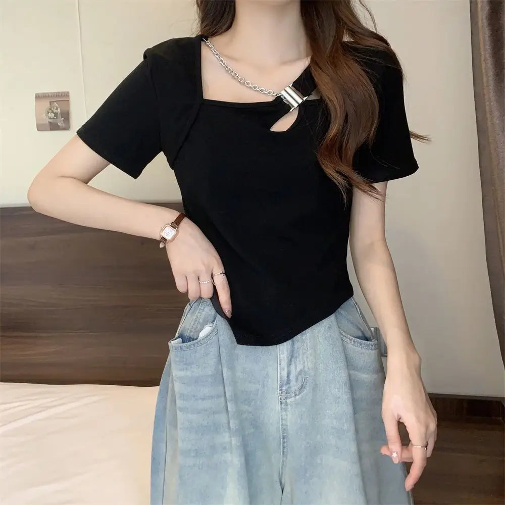 Slim Fit And Thin Cover Belly Hot Girl Irregular Short-sleeved T-shirt For Women