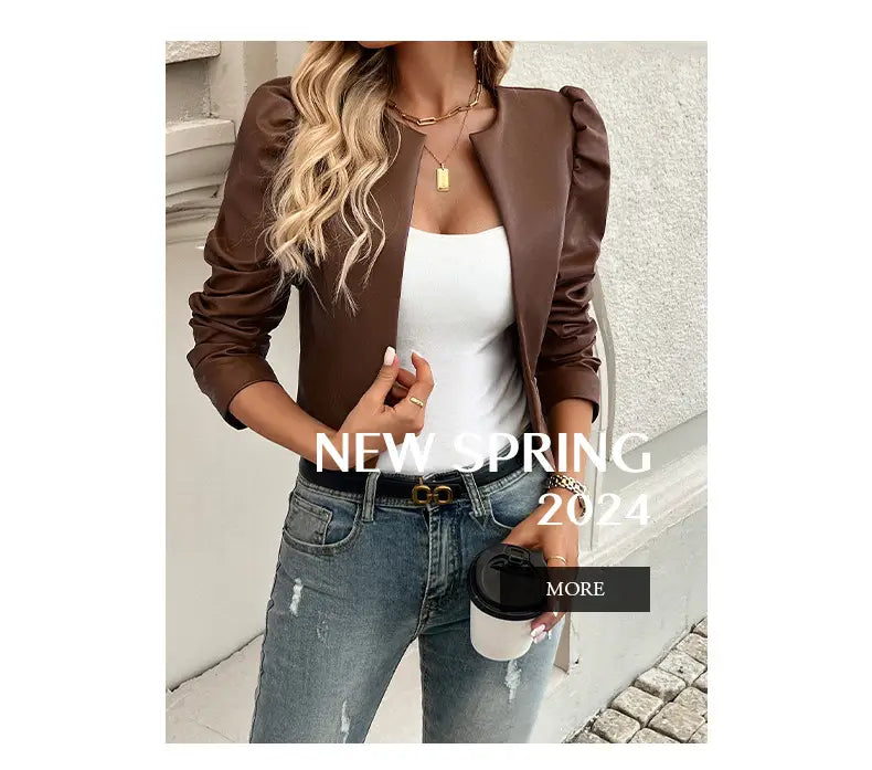 Jacket Women’s Temperament Leisure Cardigan Solid Color Leather Coat
