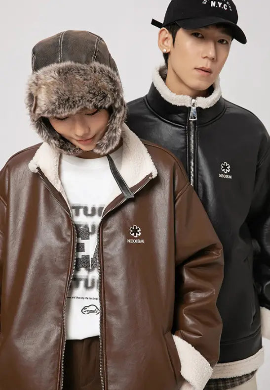 Lambswool PU Leather Thickened Warm Cotton Jacket