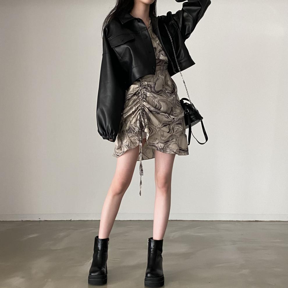 Chic Lapel Double Pocket Leather Top Leather Coat