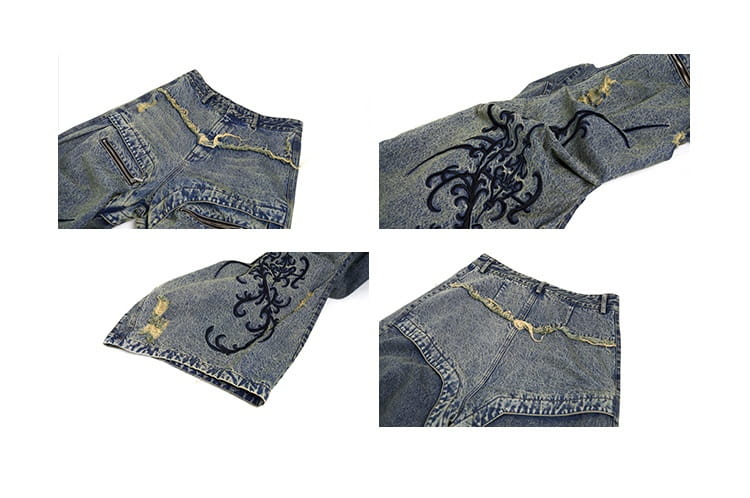 Retro Washed Distressed Zipper Embroidered Pleated Mopping Jeans