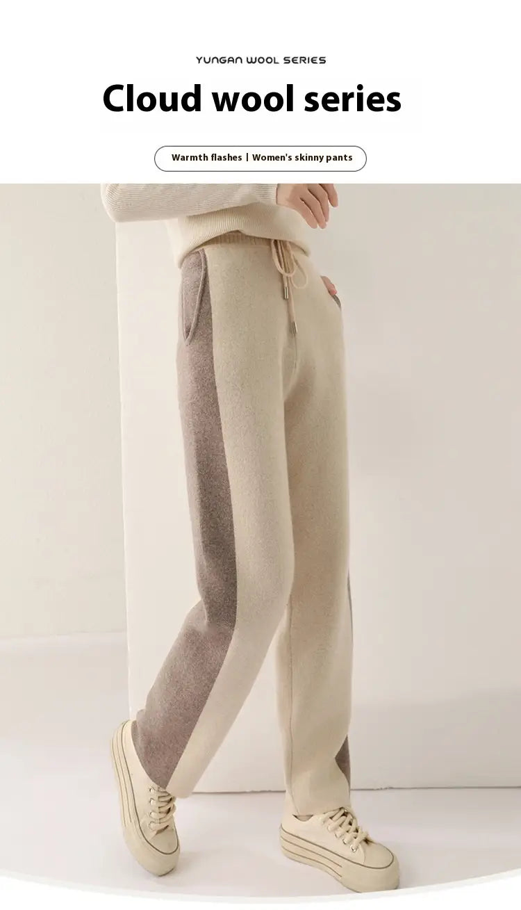 Color Contrast Patchwork Pure Wool Knit Casual Pants