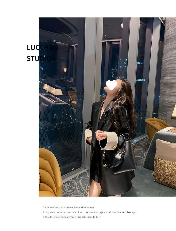 High Sense Black PU Leather Coat Women
