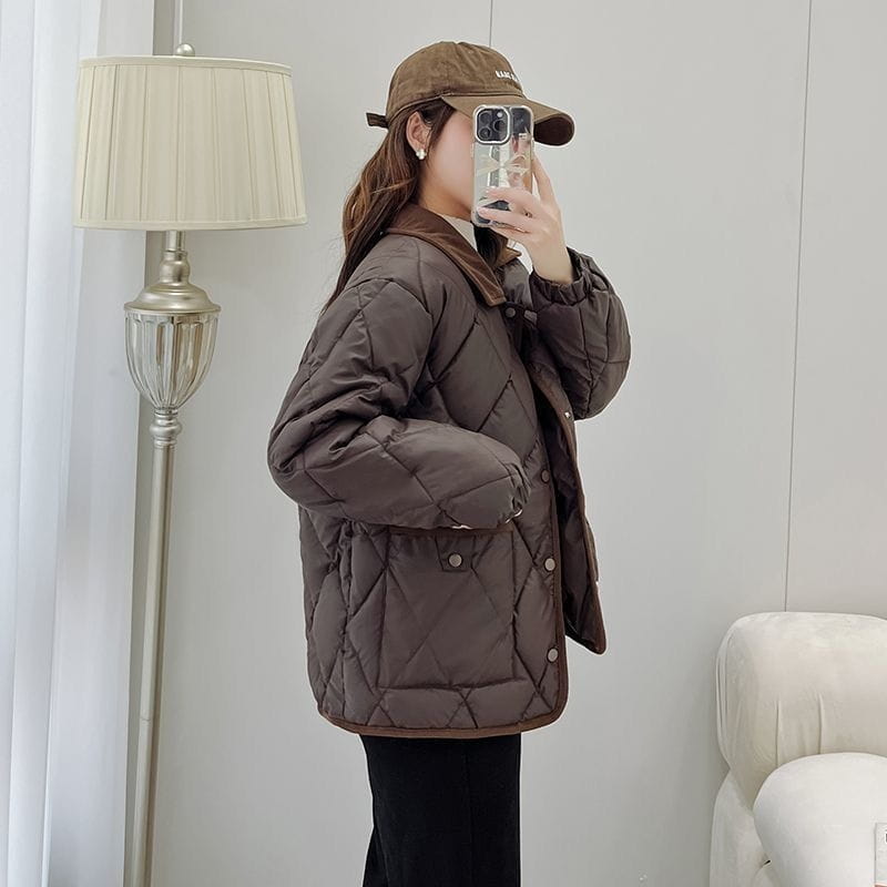 Classic Rhombus Cotton-padded Clothes Disposable PU Leather Loose Contrast Color And Versatile