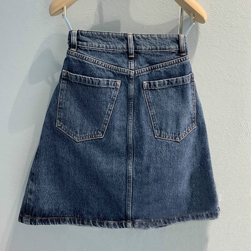 Beaded and diamond front split denim skirt