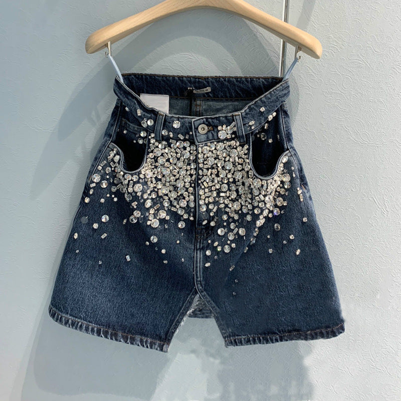 Beaded and diamond front split denim skirt - Blue / S