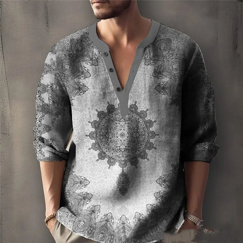 Printed Casual V-neck Men’s Loose Jacquard Sweater Long Sleeve