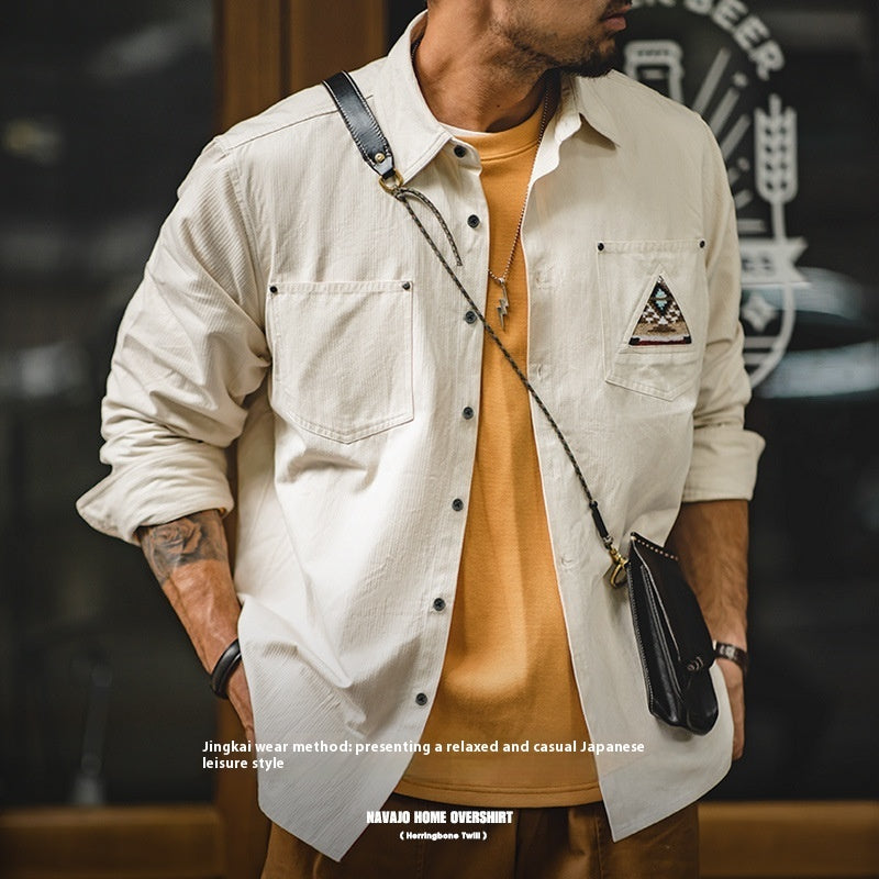 Men’s Retro Indian Totem Creamy-white Long-sleeved Shirt