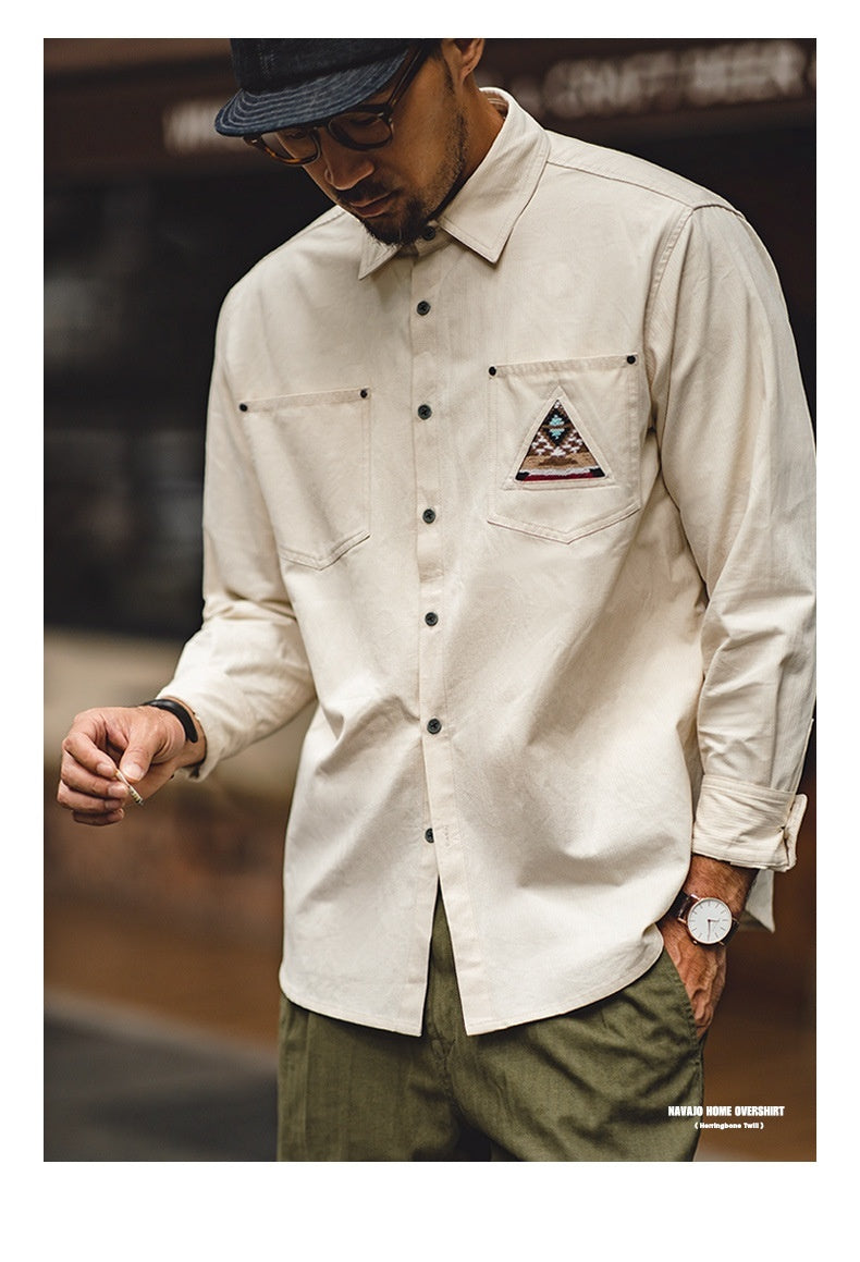 Men’s Retro Indian Totem Creamy-white Long-sleeved Shirt