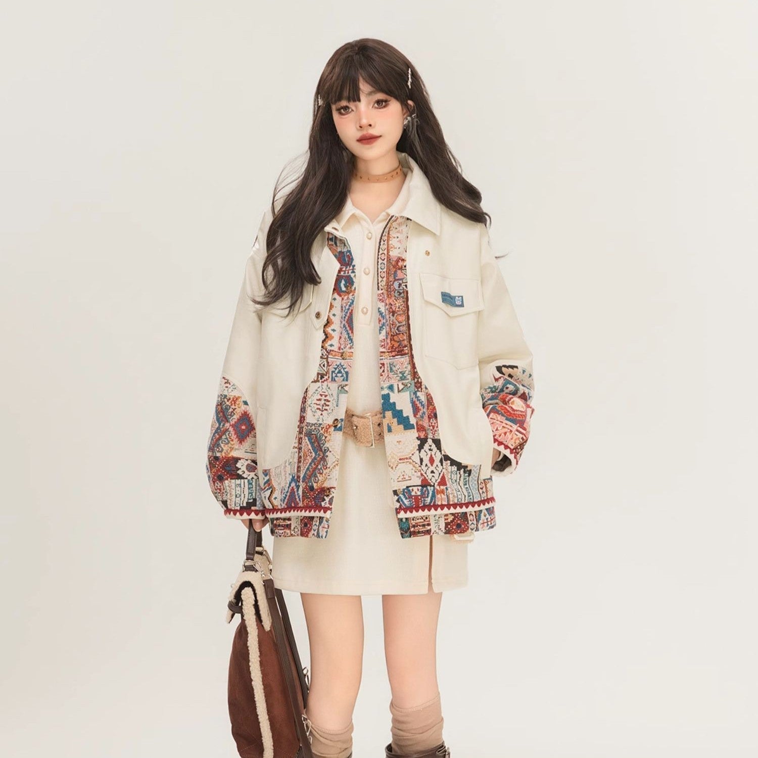 Jacquard Splicing Motorcycle PU Leather Jacket - Beige / S