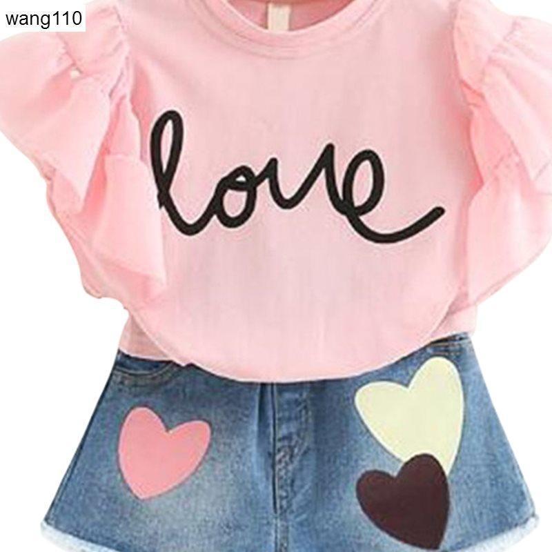 Summer Kids Girls Clothing Sets 2 pcs T-shirt Hole Pants Set - Jeans / 100cm