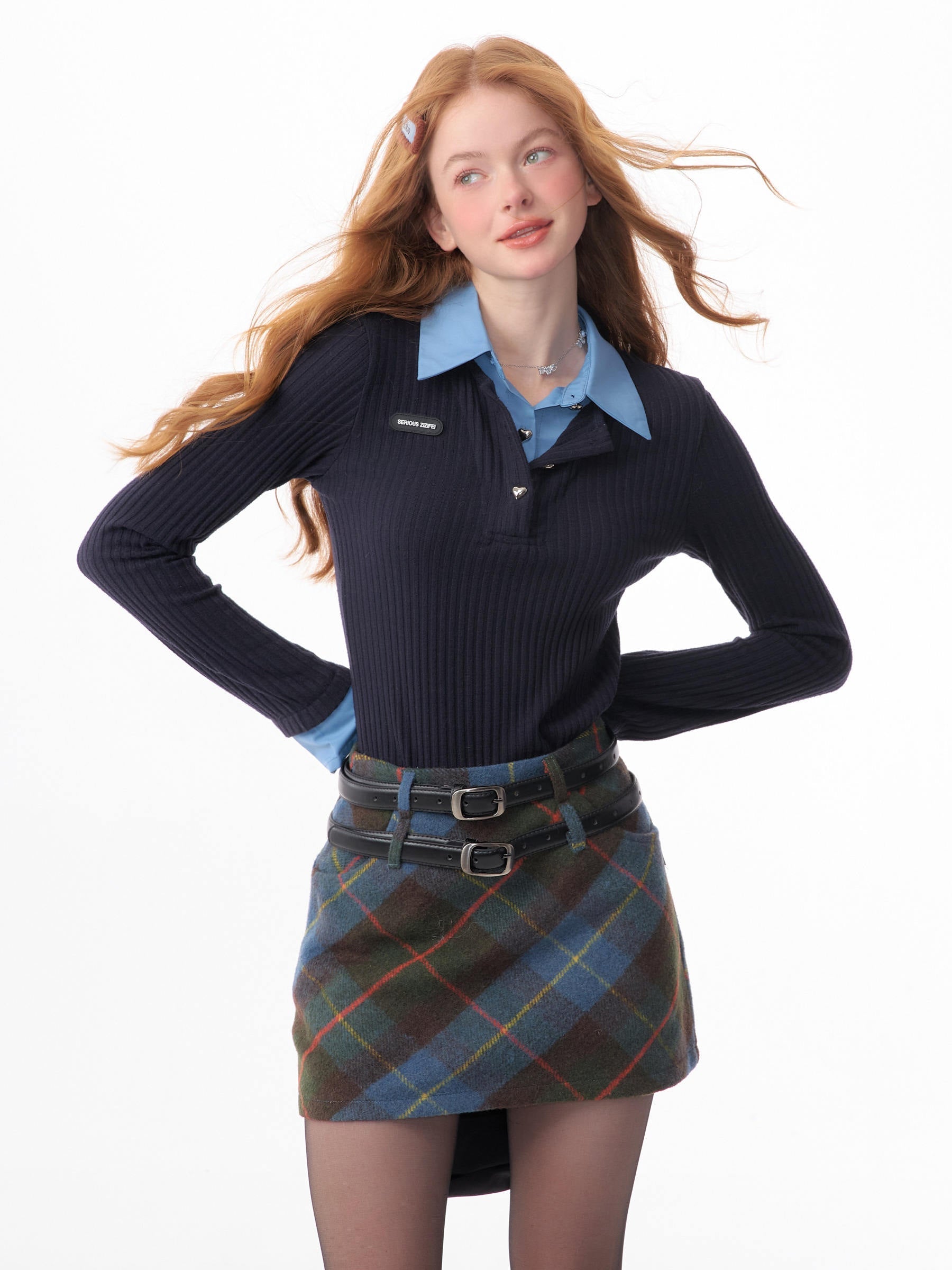 American-style Retro Design Bell Sleeve Fake Two-piece Top
