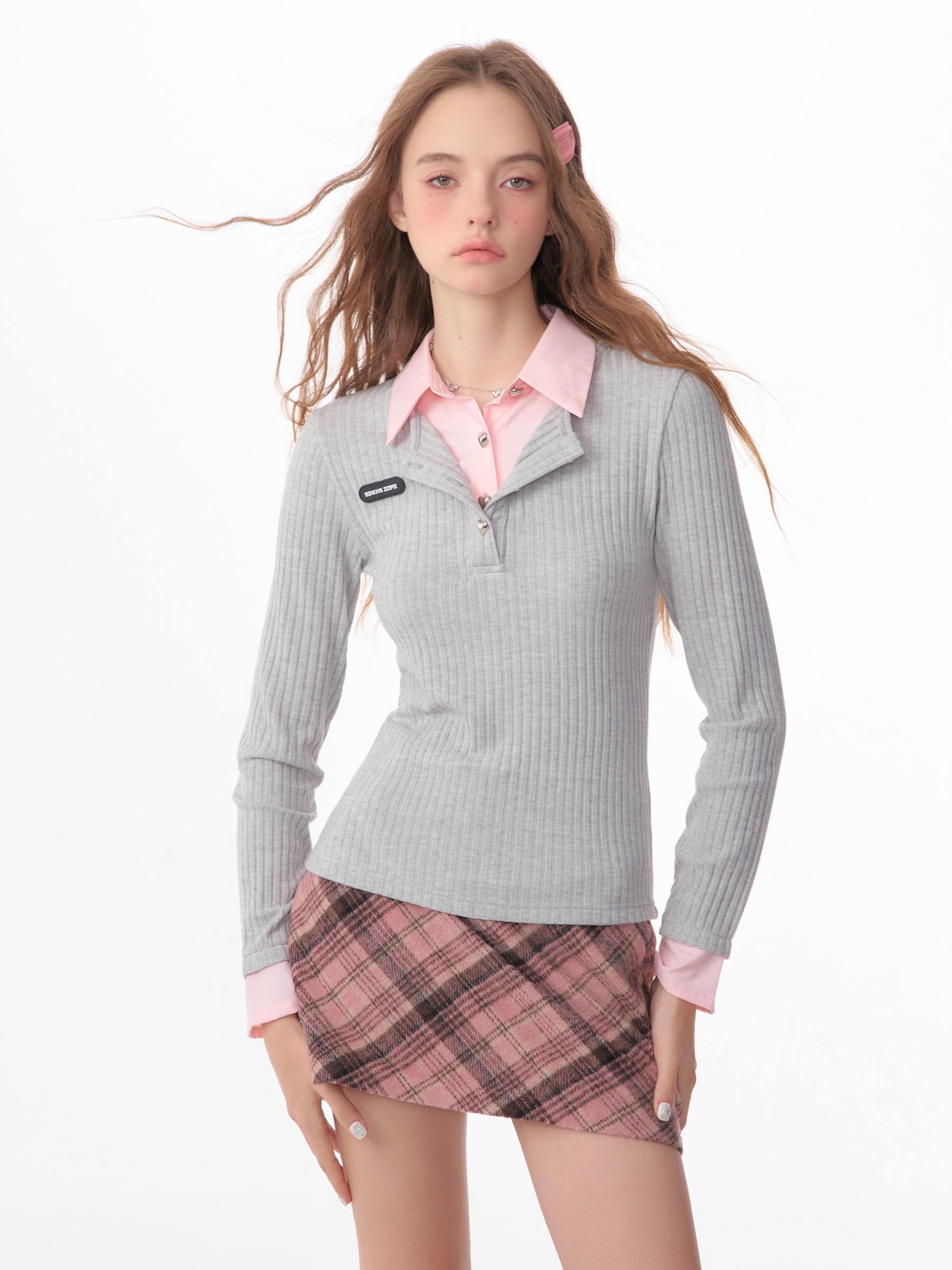 American-style Retro Design Bell Sleeve Fake Two-piece Top - Grey / S