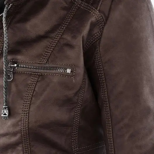 Women’s Detachable Lapel Long Sleeve Solid Color Zipper Leather Jacket Coat