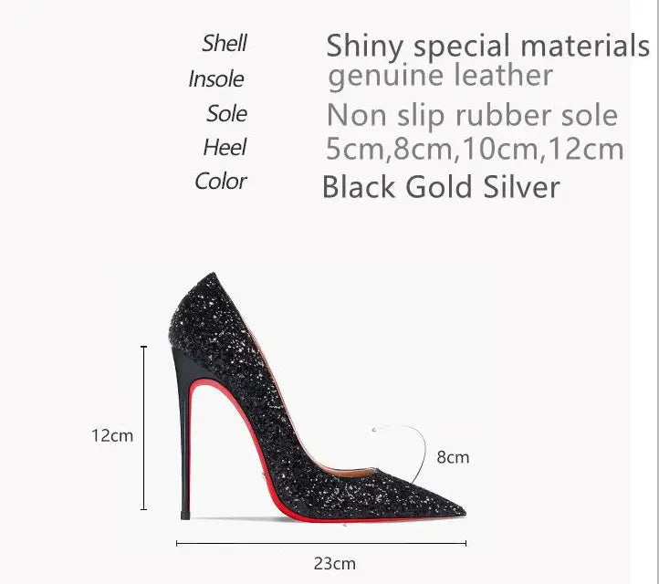 New 12cm Super Pointed High Heels Women’s Black Silver Sequins