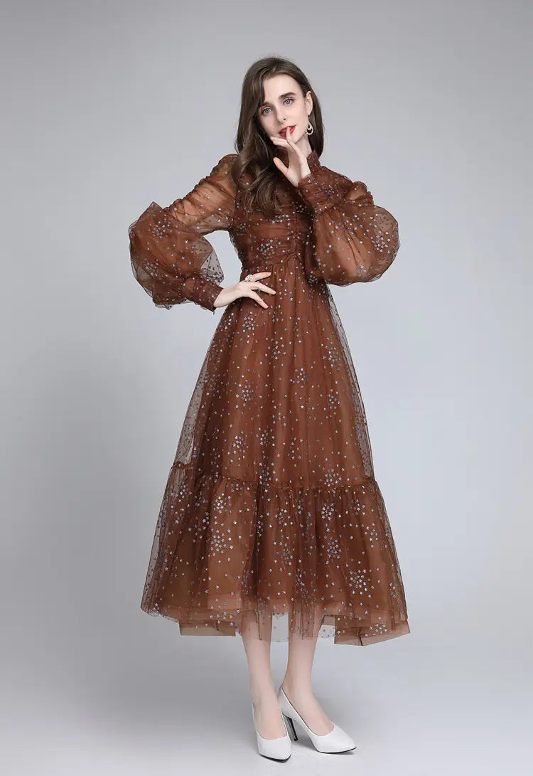 Women’s Mesh Star Shiny Silk Print Waist Wrapping Slim Dress