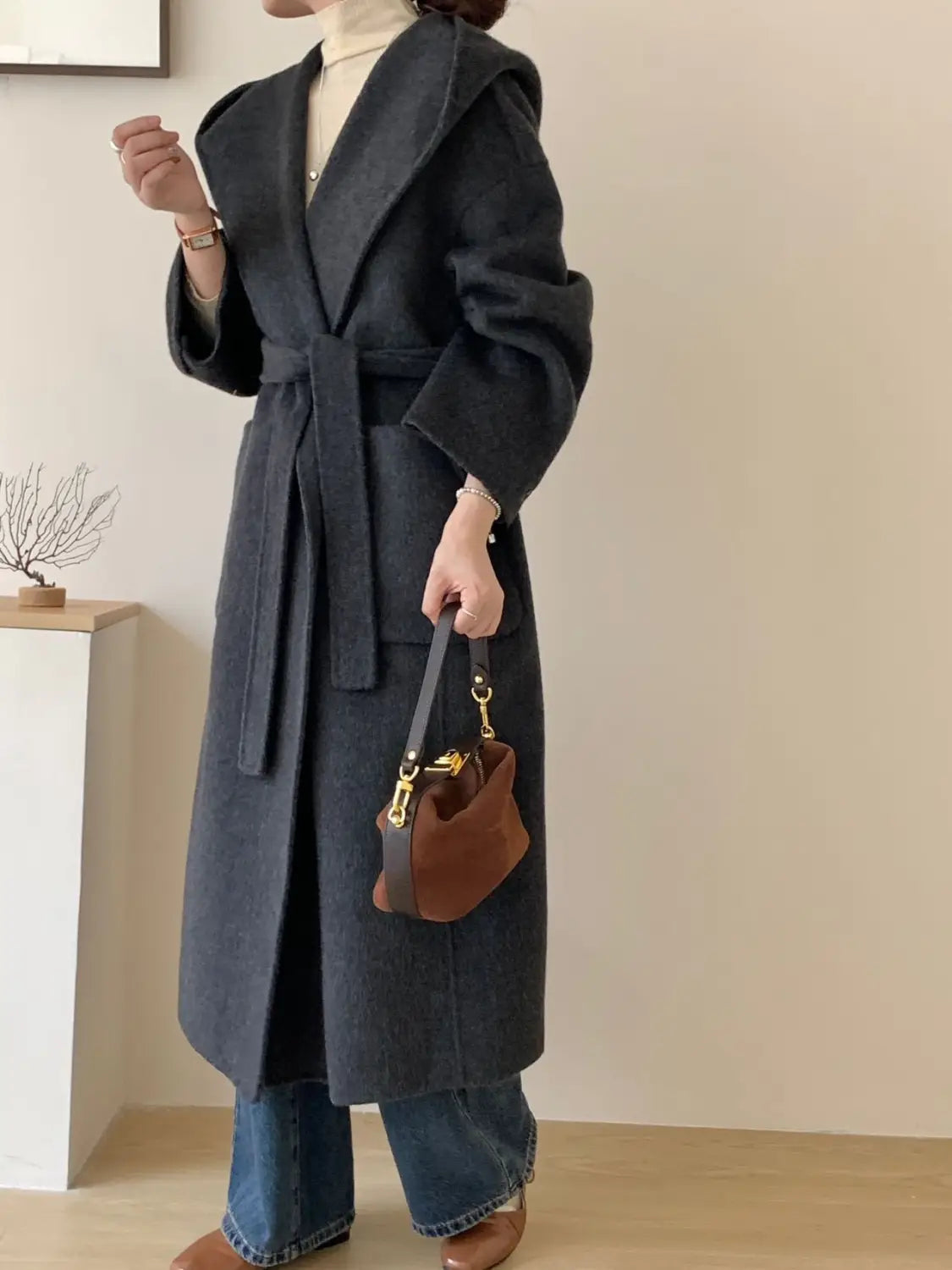 Solid Color Hooded Double-sided Wool Overcoat Women