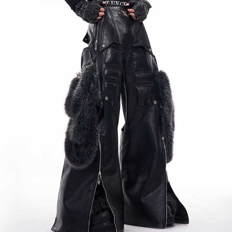 Structural Design Fur Stitching PU Leather Wide-leg Pants - Black / S