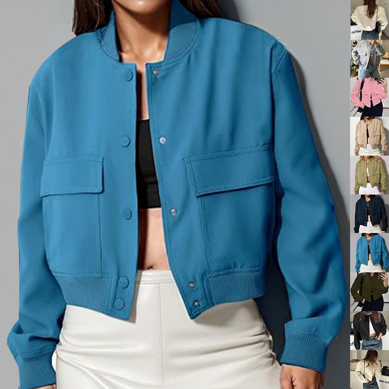 Fashion Button Stand-collar Jacket With Big Pockets Casual Loose Short Outwear Tops Coat For Women Clothing - 4