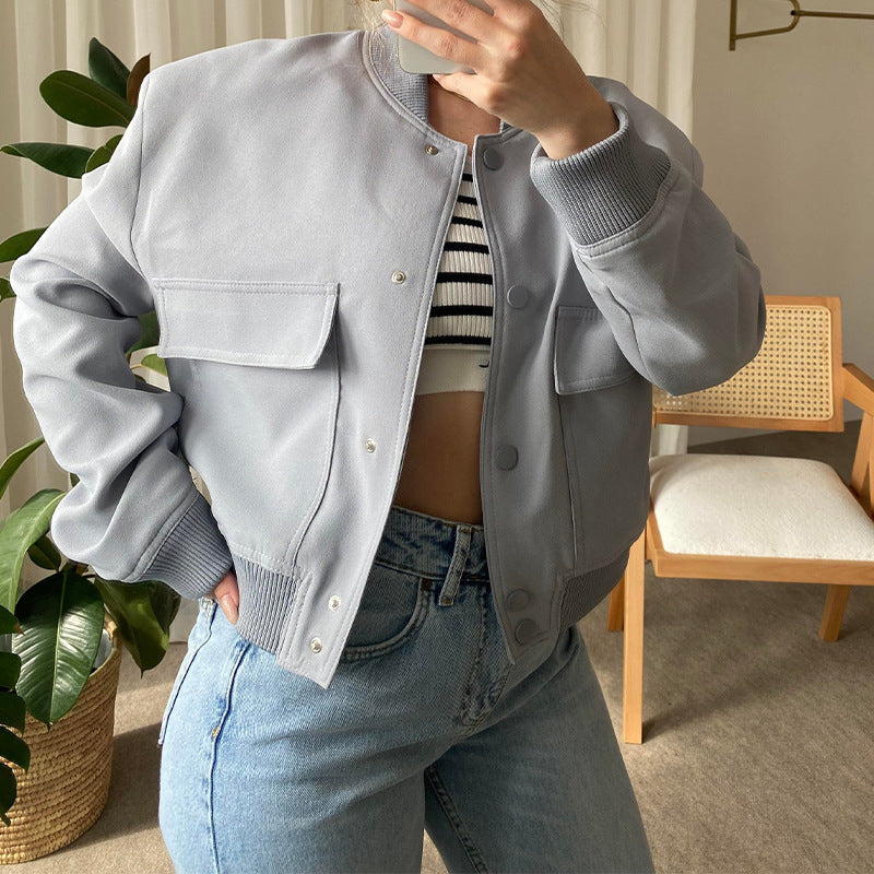 Fashion Button Stand-collar Jacket With Big Pockets Casual Loose Short Outwear Tops Coat For Women Clothing - 4