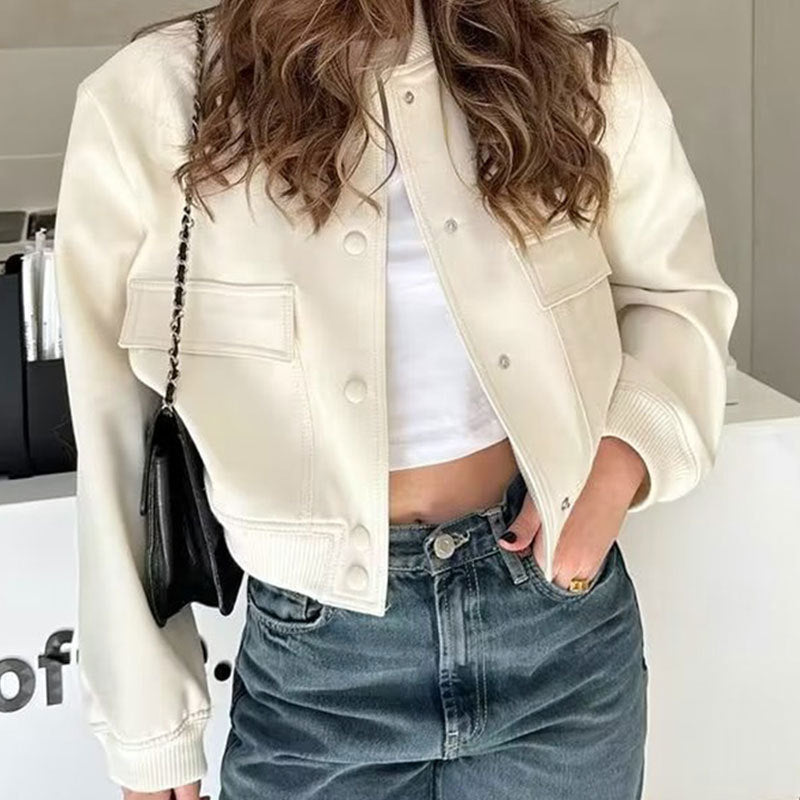 Fashion Button Stand-collar Jacket With Big Pockets Casual Loose Short Outwear Tops Coat For Women Clothing - Apricot