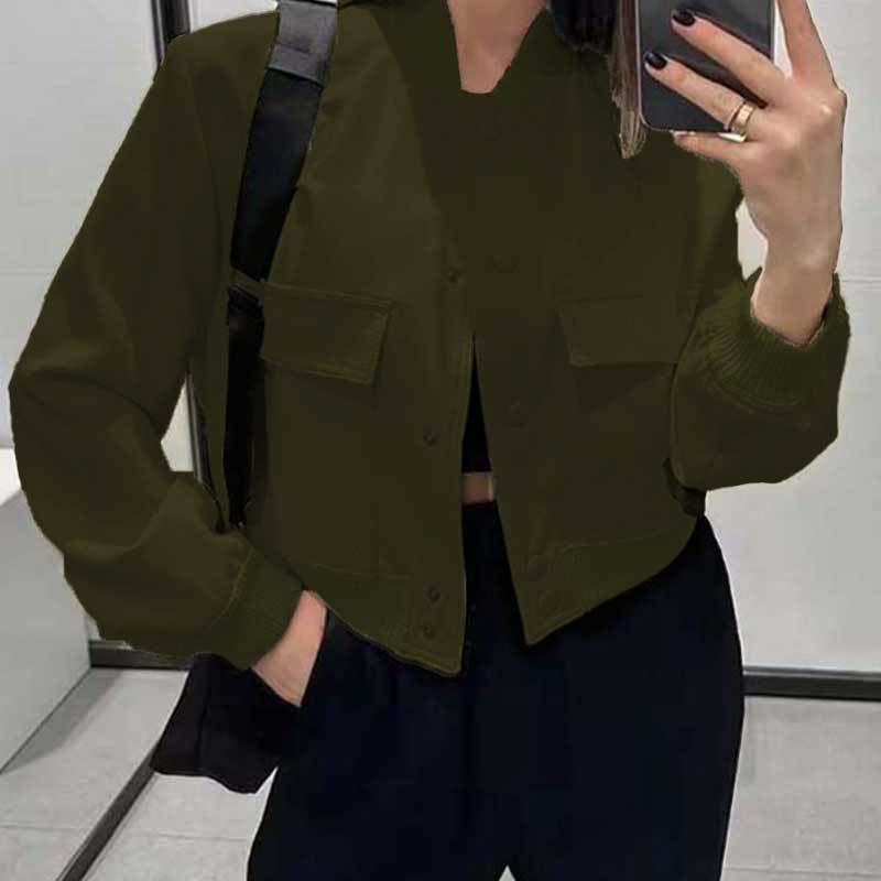 Fashion Button Stand-collar Jacket With Big Pockets Casual Loose Short Outwear Tops Coat For Women Clothing - Army