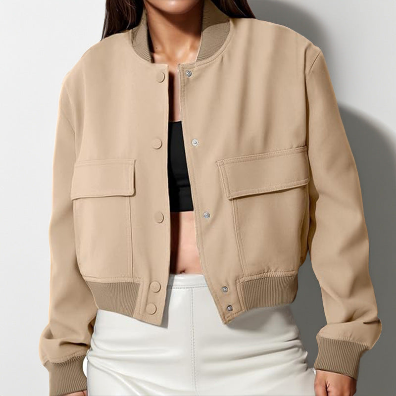 Fashion Button Stand-collar Jacket With Big Pockets Casual Loose Short Outwear Tops Coat For Women Clothing - Khaki / S