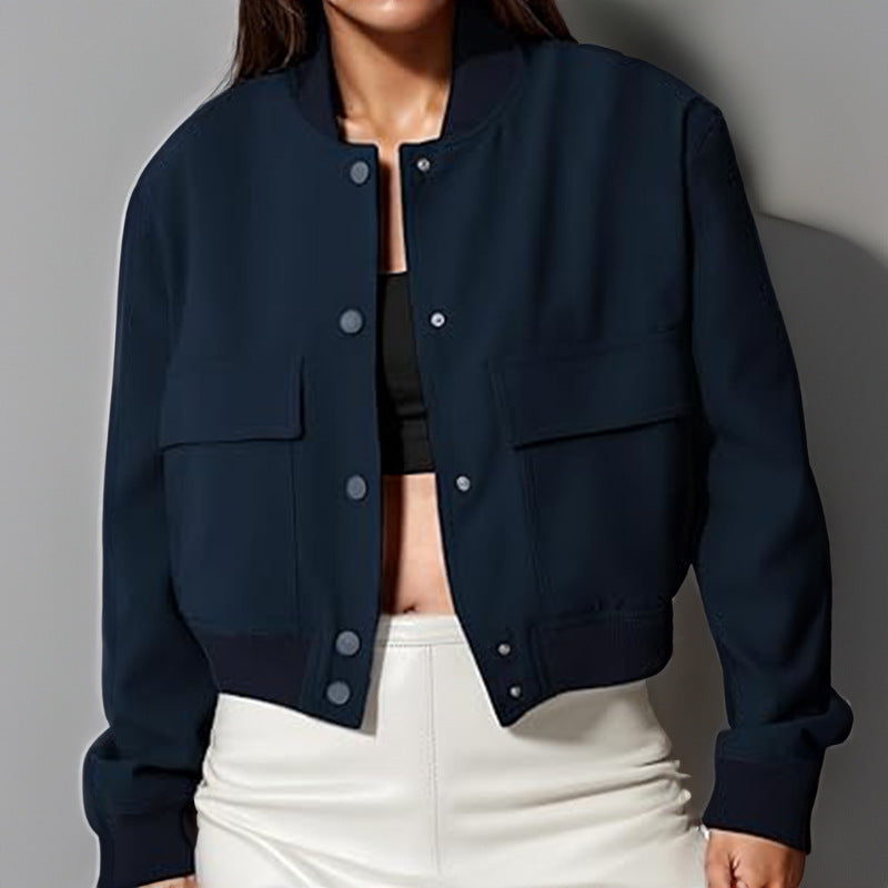 Fashion Button Stand-collar Jacket With Big Pockets Casual Loose Short Outwear Tops Coat For Women Clothing - Navy blue