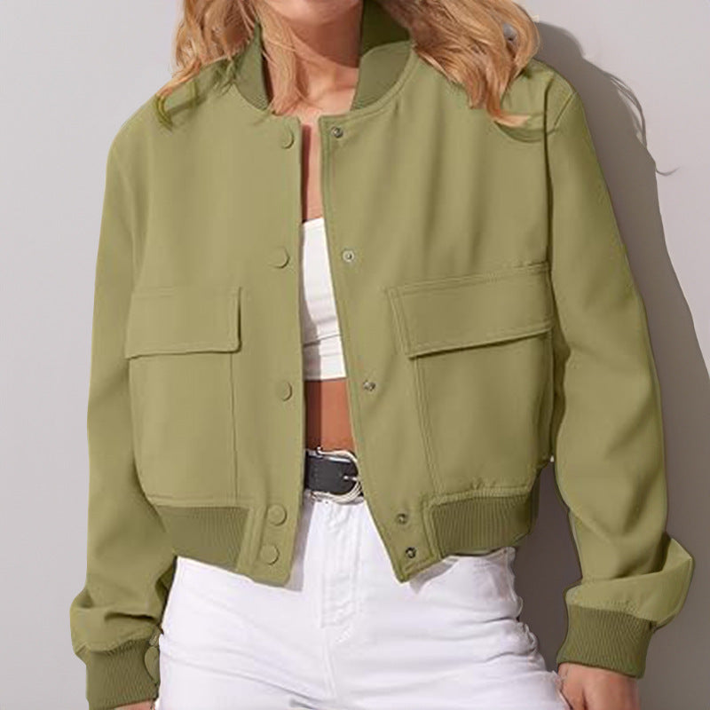 Fashion Button Stand-collar Jacket With Big Pockets Casual Loose Short Outwear Tops Coat For Women Clothing - Olive