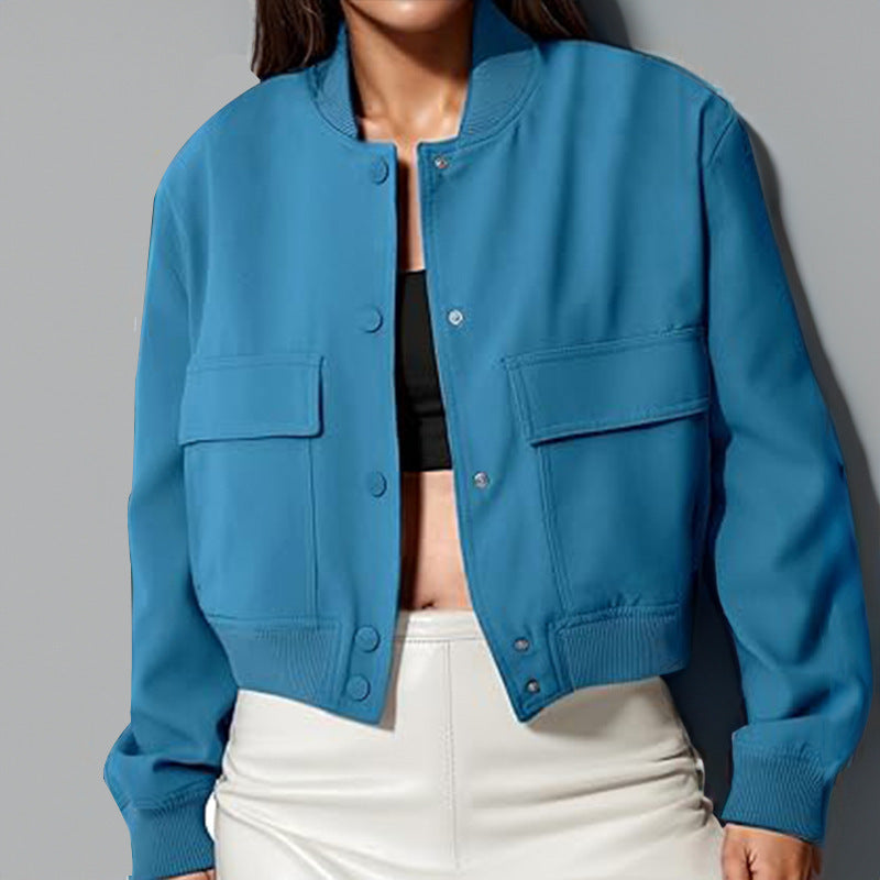 Fashion Button Stand-collar Jacket With Big Pockets Casual Loose Short Outwear Tops Coat For Women Clothing - Peacock