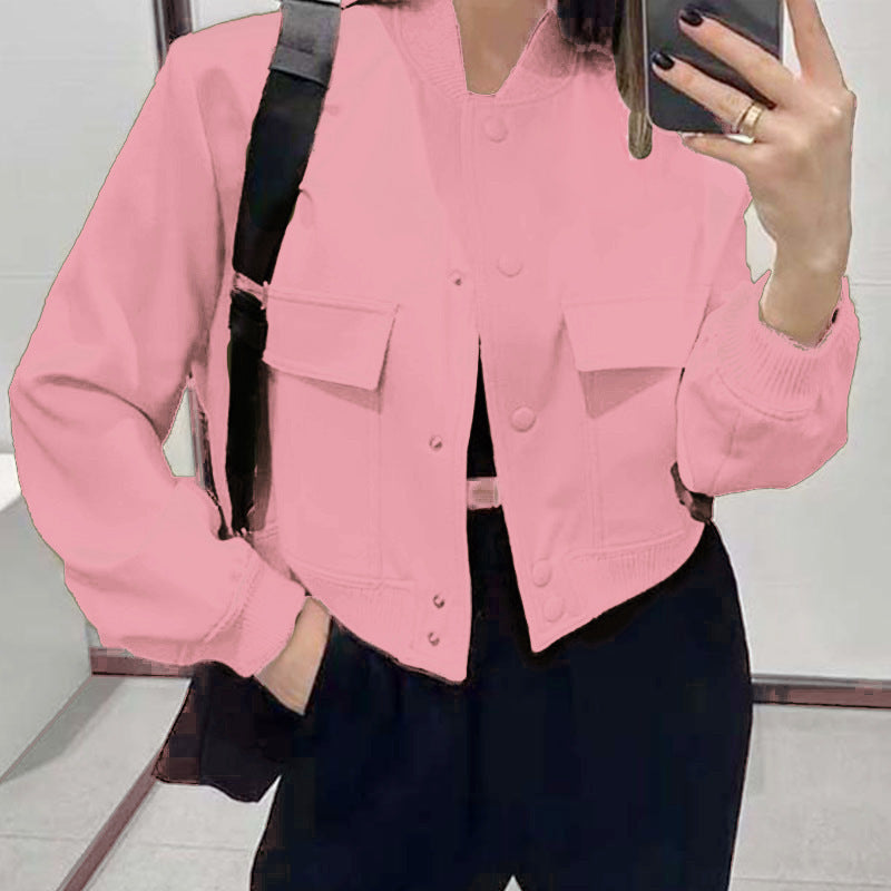 Fashion Button Stand-collar Jacket With Big Pockets Casual Loose Short Outwear Tops Coat For Women Clothing - Pink / S