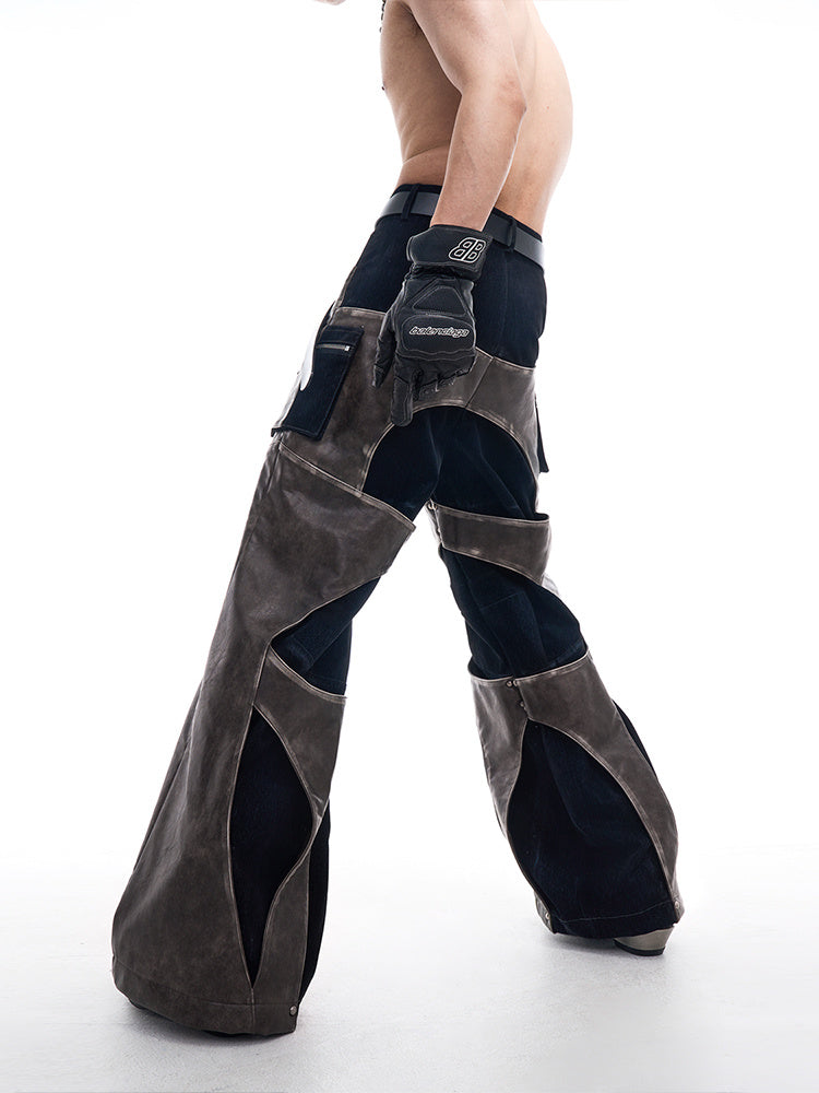 Niche Structure Design Leather Patchwork Casual Straight Pants