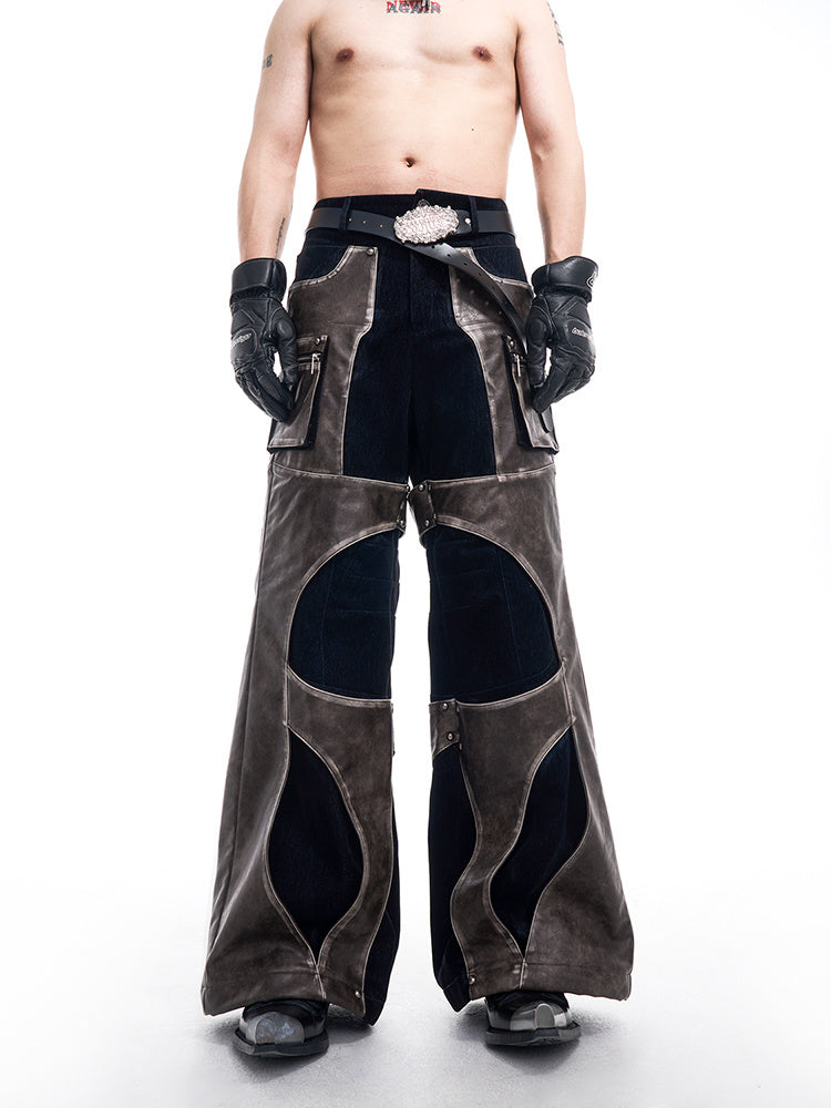 Niche Structure Design Leather Patchwork Casual Straight Pants