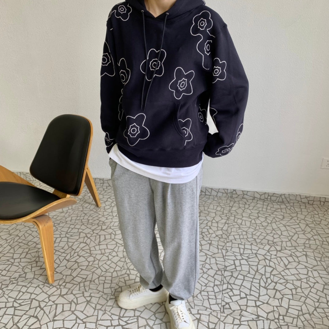 Simple Flower Embroidery Hoodie Unisex Couple