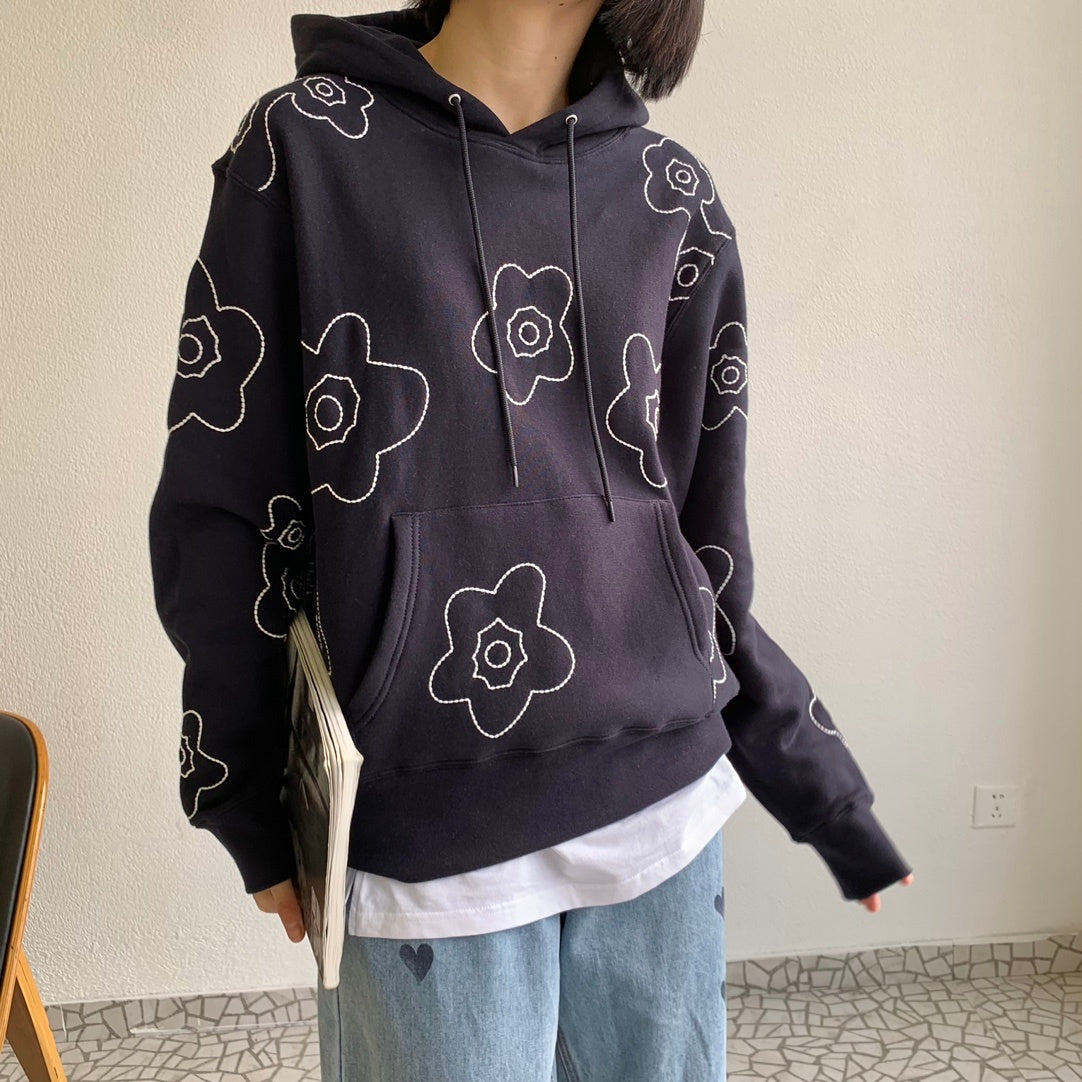 Simple Flower Embroidery Hoodie Unisex Couple - Black / S
