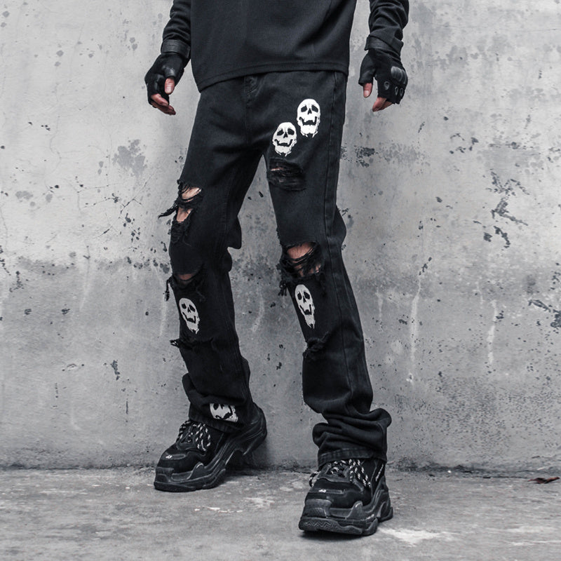 Skull And Crossbones Distressed Jeans Men - Black / S