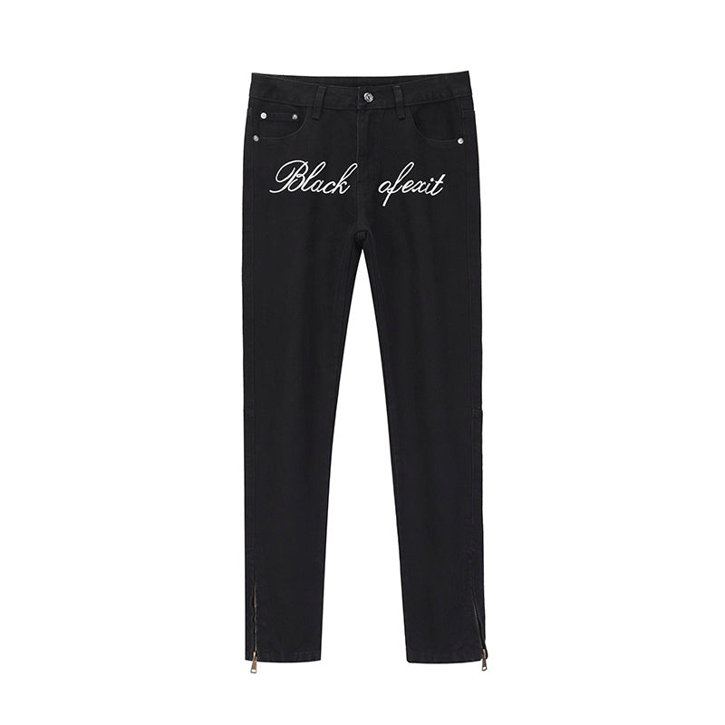National Trendy Street Retro Embroidery Slit Jeans - Black / S