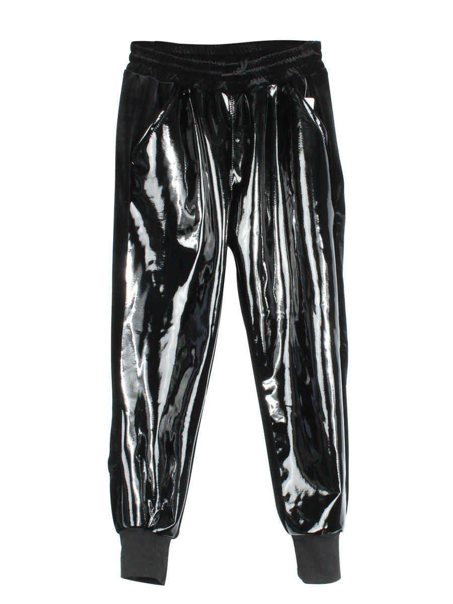 Elastic Waist Bright Leather Velvet Track Pants - Black / 3XL