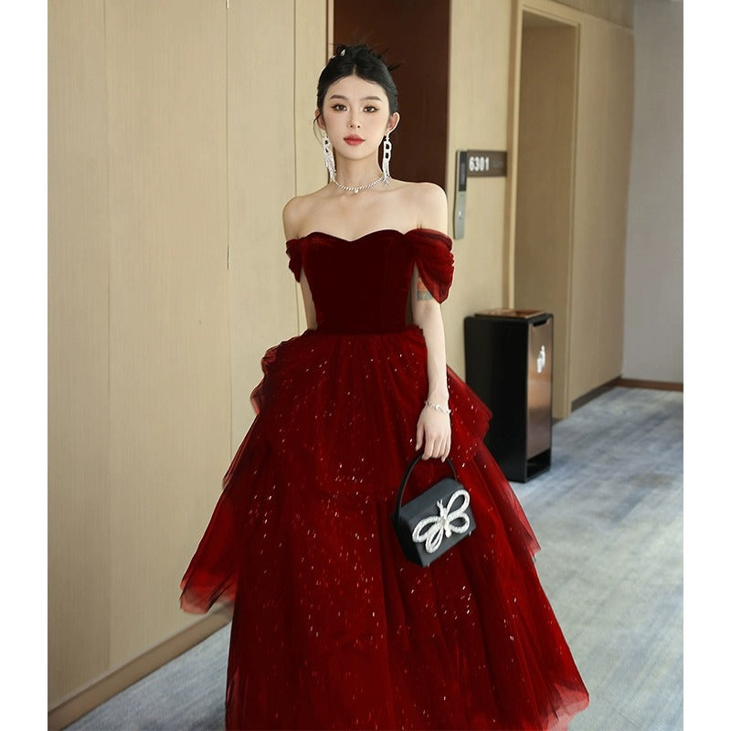 Black Evening Dress Light Luxury Minority French Style Pettiskirt - Wine Red / XS