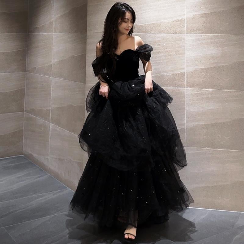 Black Evening Dress Light Luxury Minority French Style Pettiskirt - Black / XS