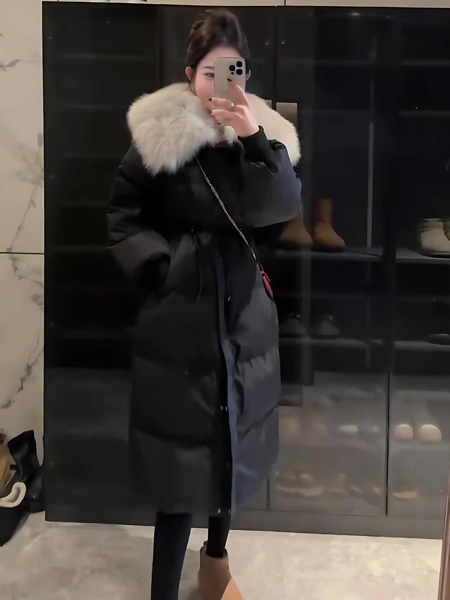 Fur Collar Overknee Long Jacket Women’s Waist White Duck Down Coat