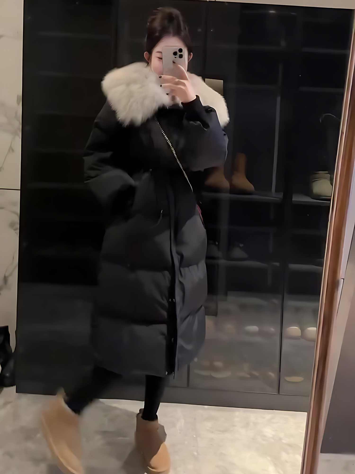 Fur Collar Overknee Long Jacket Women’s Waist White Duck Down Coat
