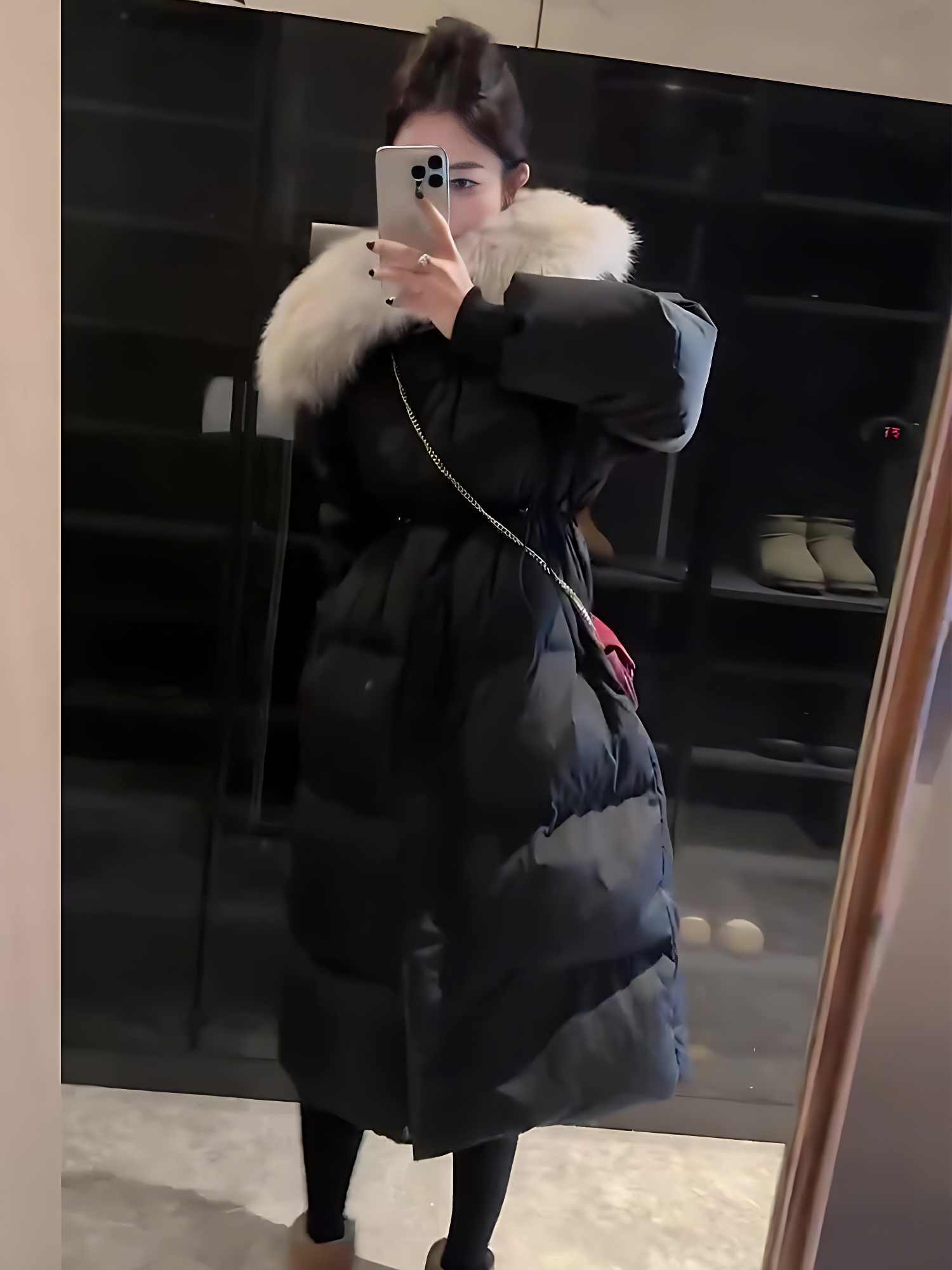 Fur Collar Overknee Long Jacket Women’s Waist White Duck Down Coat