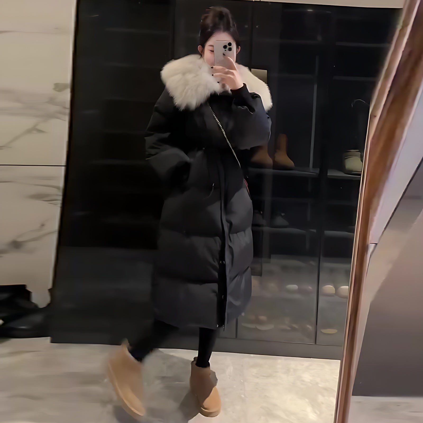 Fur Collar Overknee Long Jacket Women’s Waist White Duck Down Coat