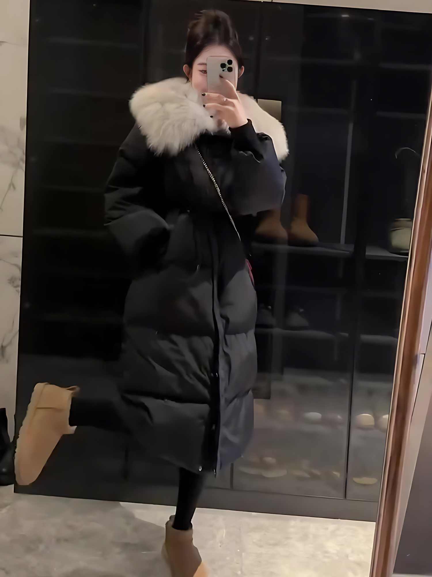Fur Collar Overknee Long Jacket Women’s Waist White Duck Down Coat