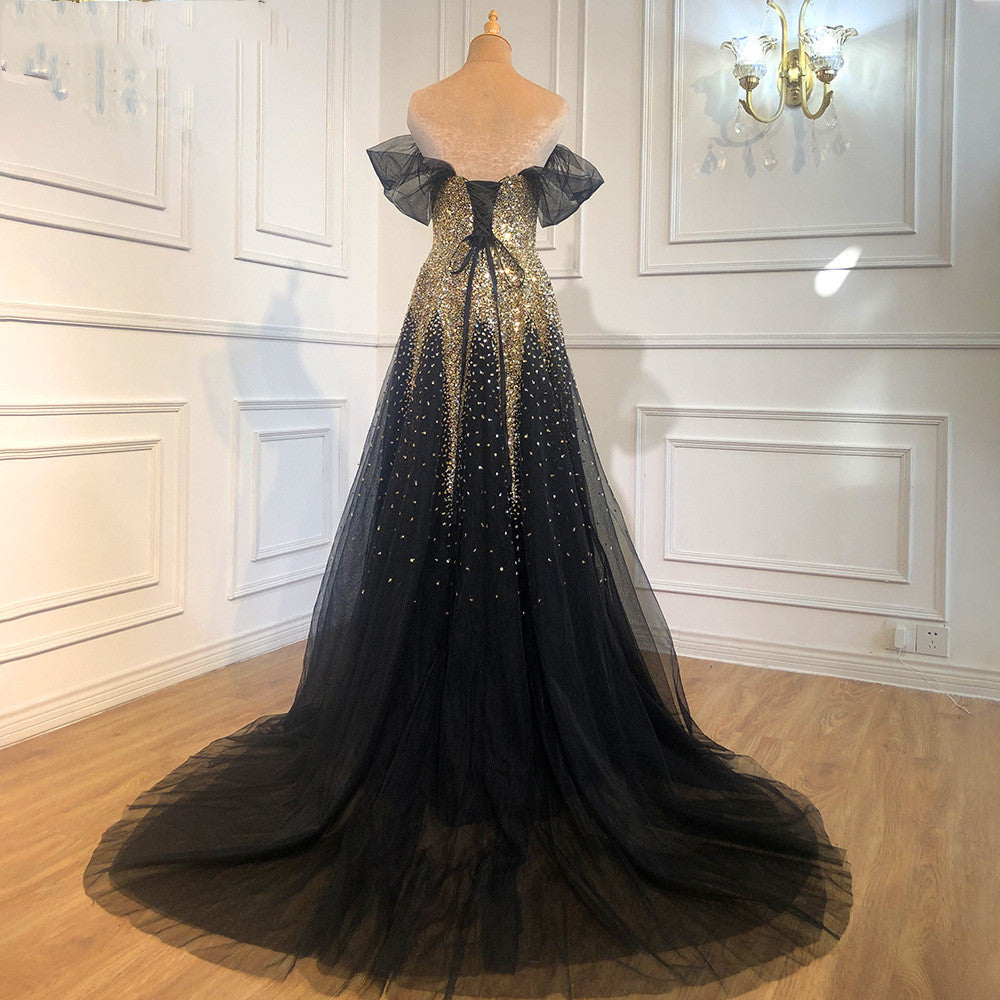 Black Gold One Word Shoulder Hosting Banquet Bride Toasting Evening Dress
